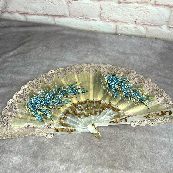 Vintage Mother of Pearl Lace Hand Painted Fan French - Picture 1 of 9